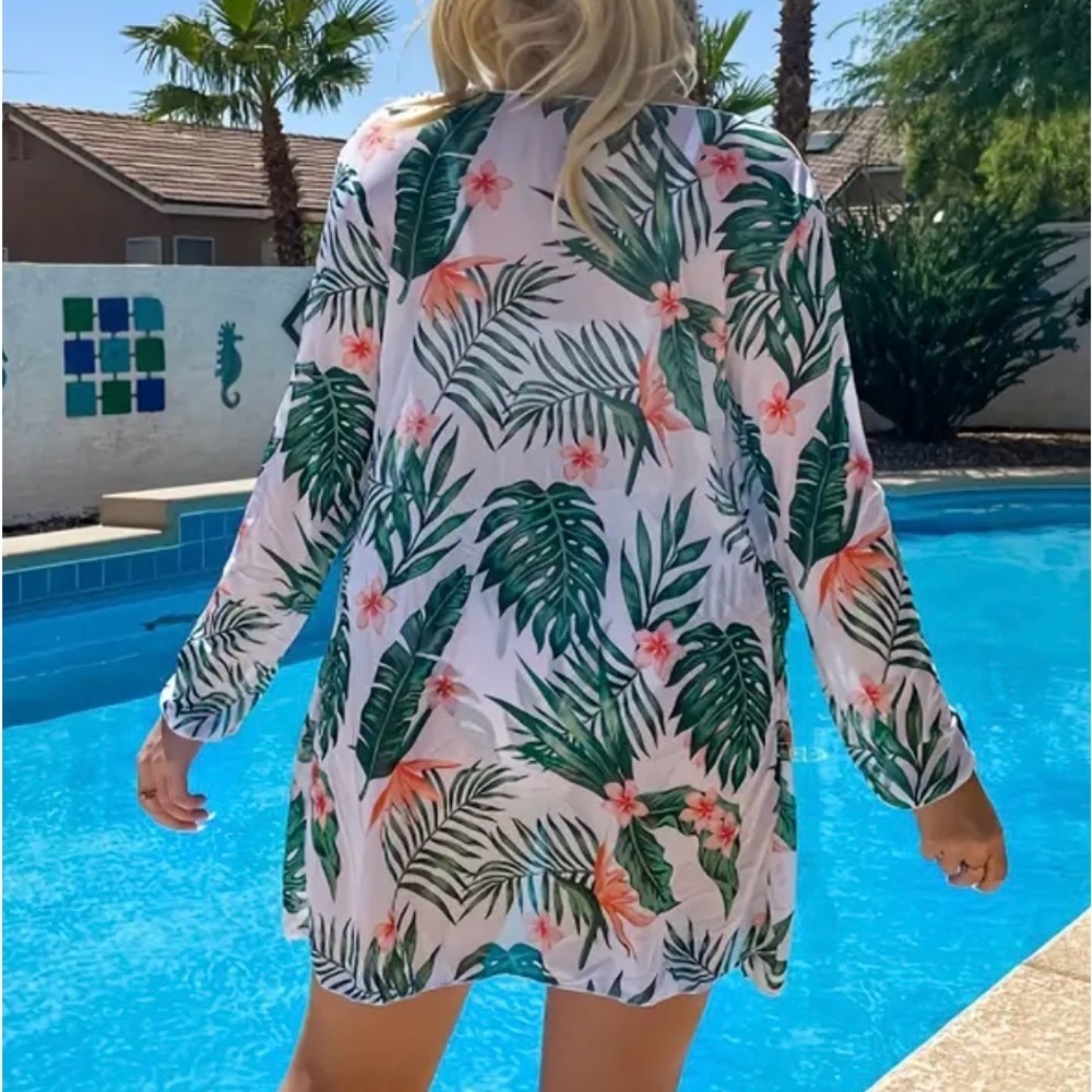 3pc Tropical Push Up High Waisted Bikini Set & Kimono Cover Up - Picture 5 of 10